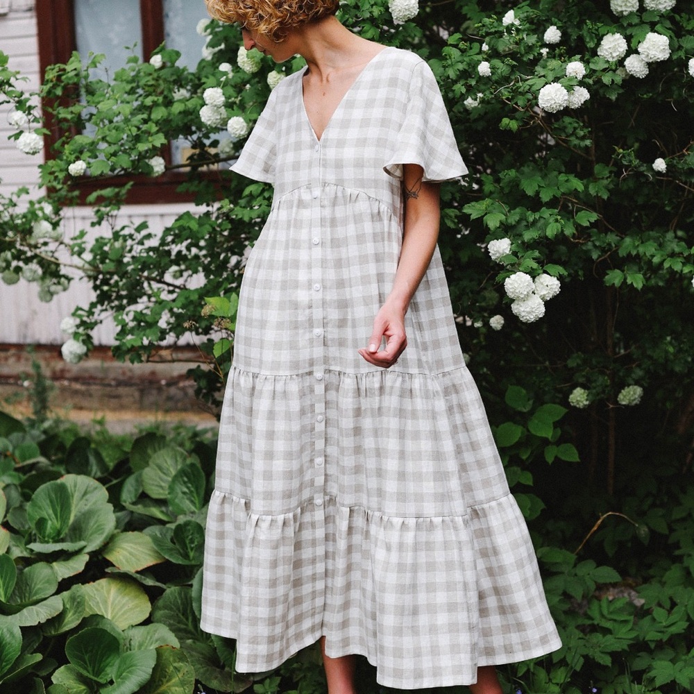 OffOn Tiered Maxi Dress - natural gingham linen, size M
